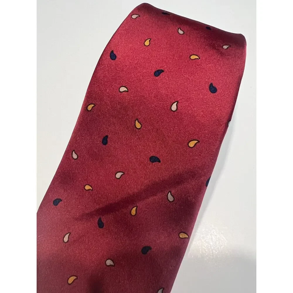 Henry Grethel Men's Silk Tie Red with Navy and Gold Tiny Paisley JL